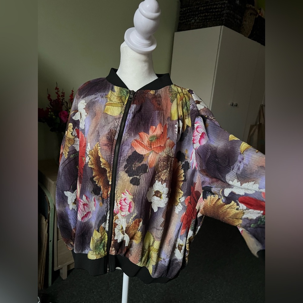 Watercolor Colorful Floral Shirt Relaxed Fit Lightweig Organza Colorblock Jacket